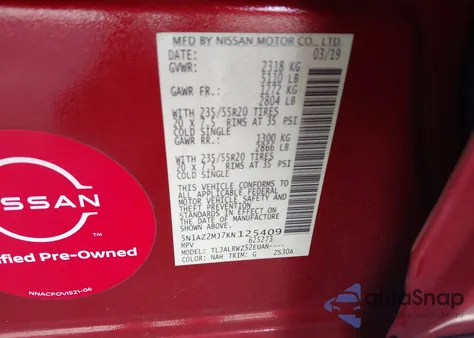 2019 Nissan Murano Sl z USA, uszkodzony, nr VIN 5N1AZ2MJ7KN125409